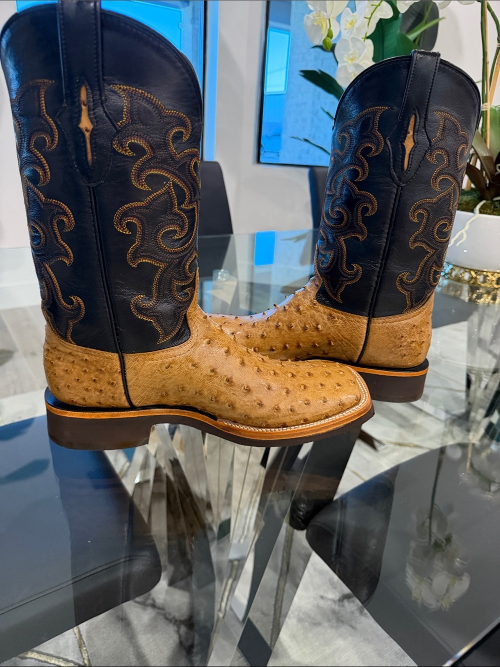 Men's Two-Tone Ostrich Leather Western Boots - Tan & Black - Picture 5 of 9